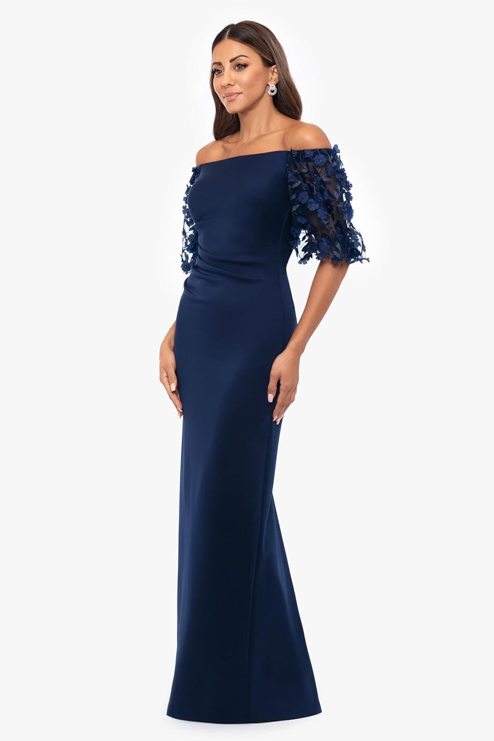 image:imageXscape Womens Techno Scuba Off The Shoulder Floral Short Sleeve Floor Length DressNavy