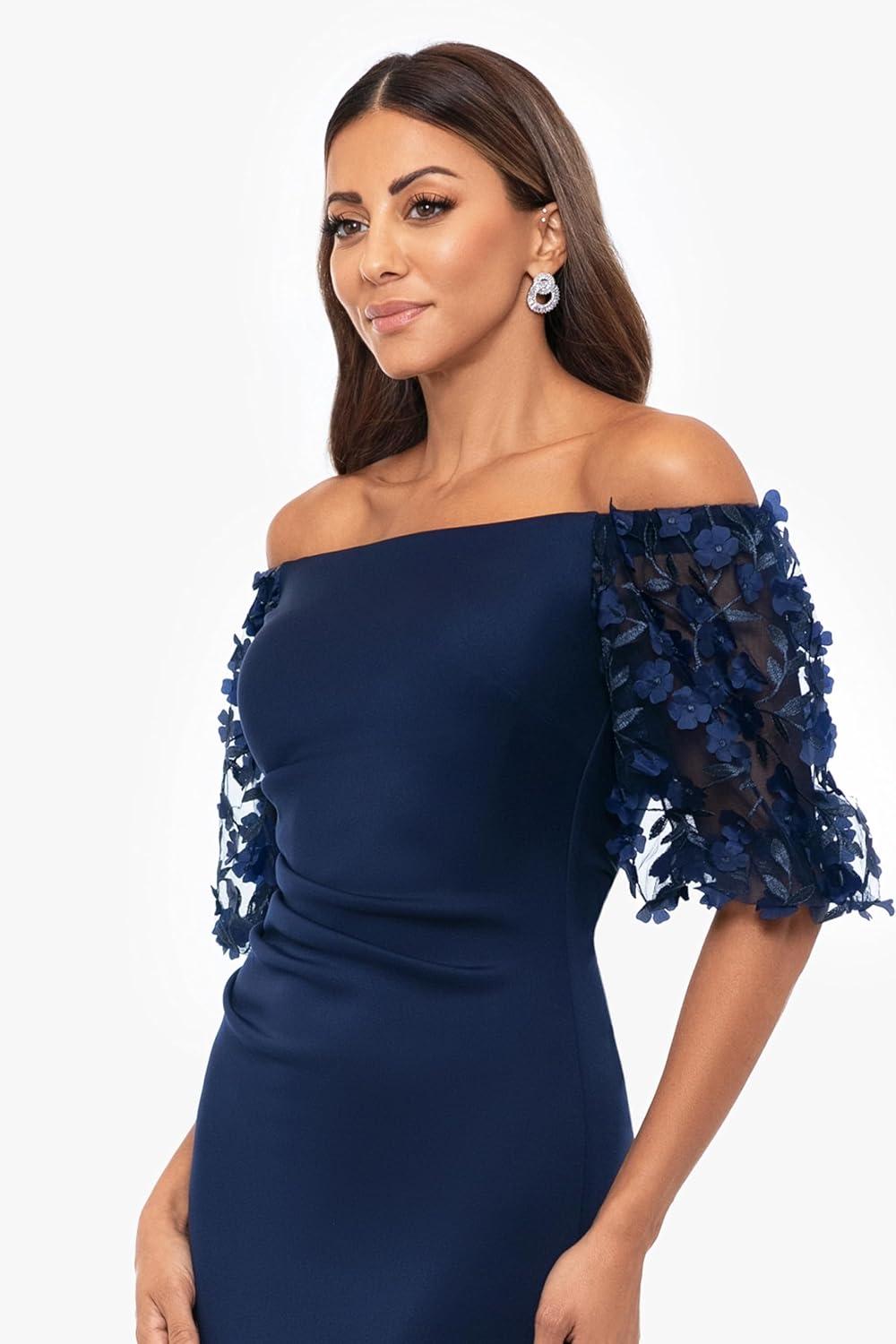 image:imageXscape Womens Techno Scuba Off The Shoulder Floral Short Sleeve Floor Length DressNavy