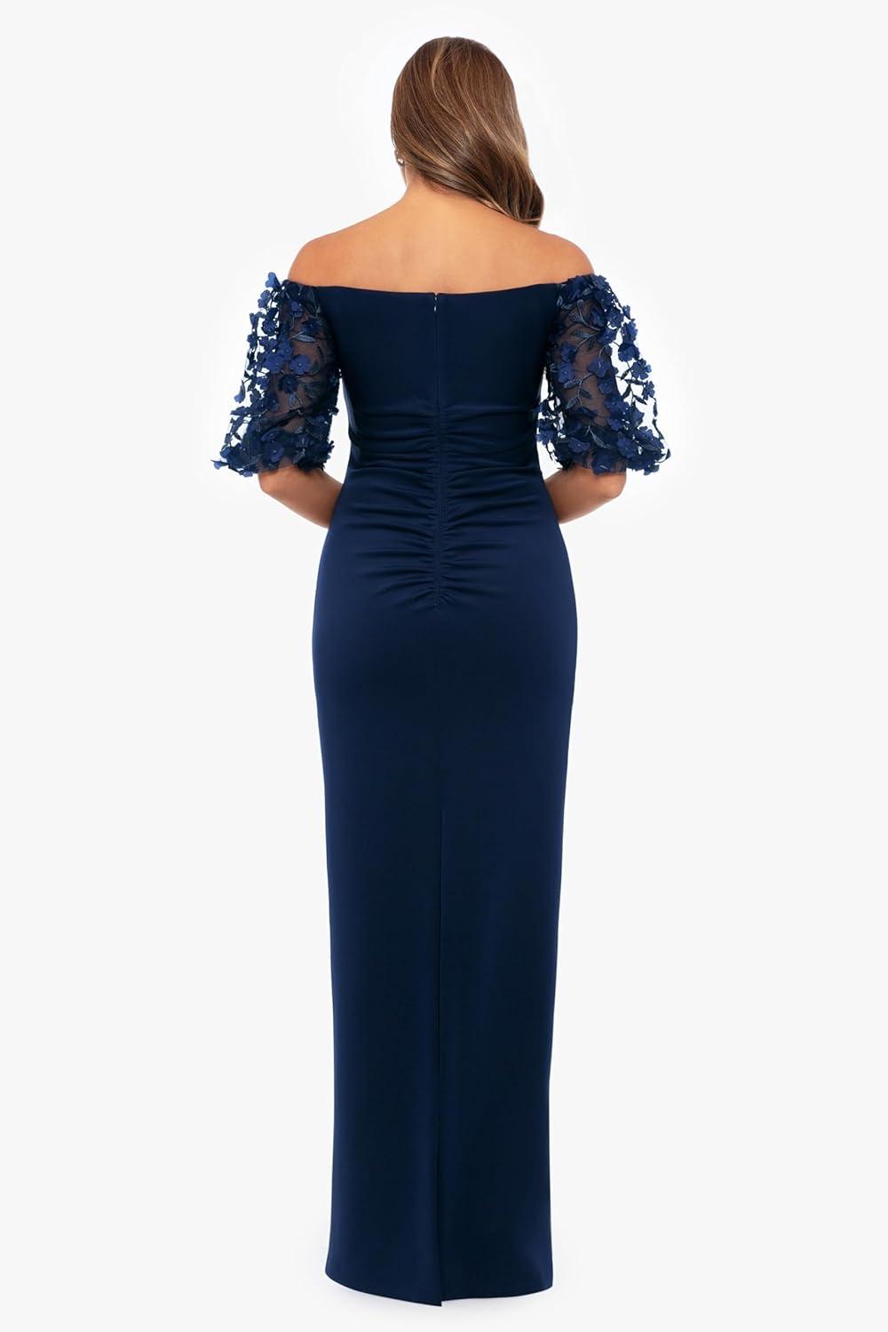 image:imageXscape Womens Techno Scuba Off The Shoulder Floral Short Sleeve Floor Length DressNavy