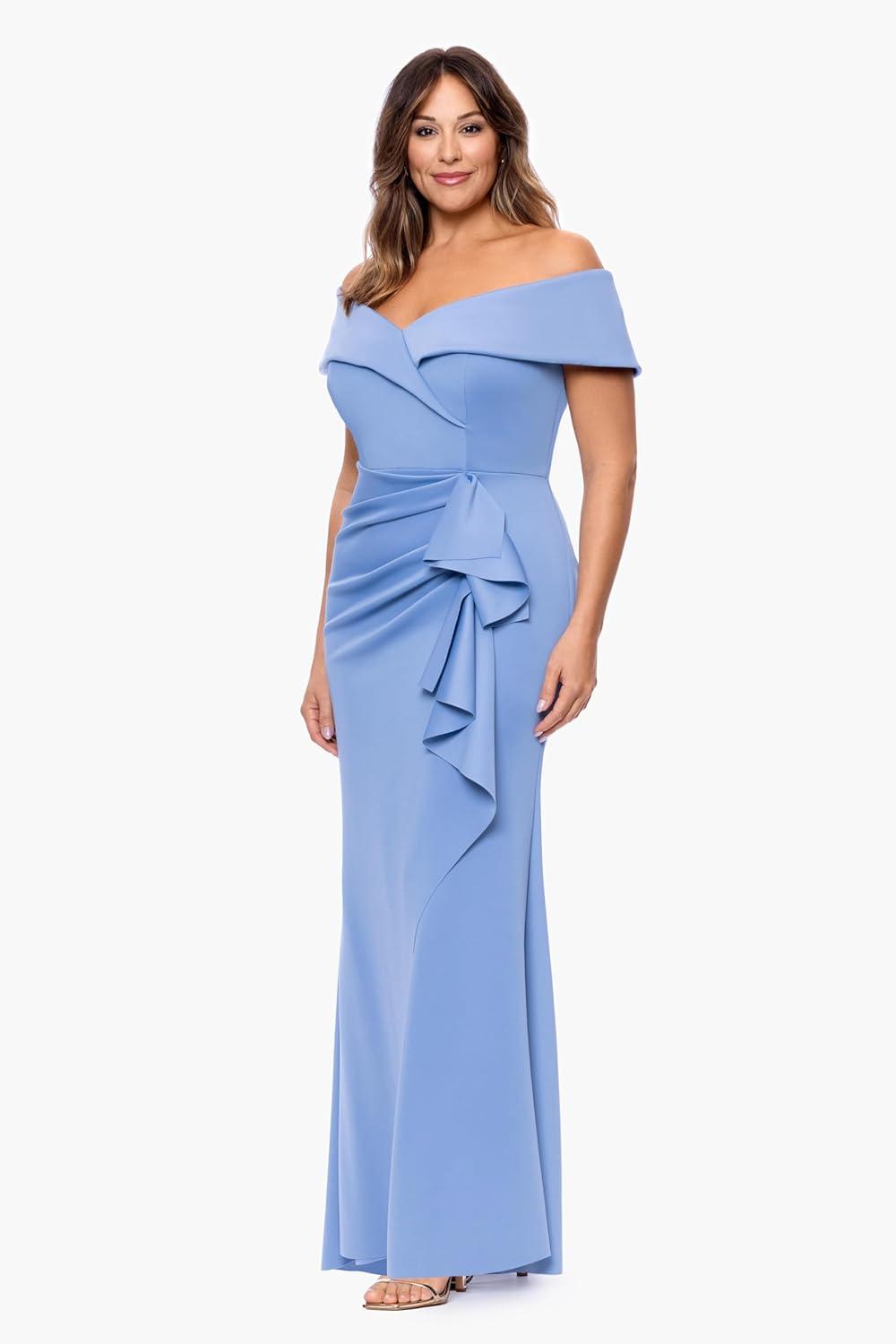 image:imageXscape Womens Techno Scuba Off The Shoulder Short Sleeve Floor Length Dress PlusSlate