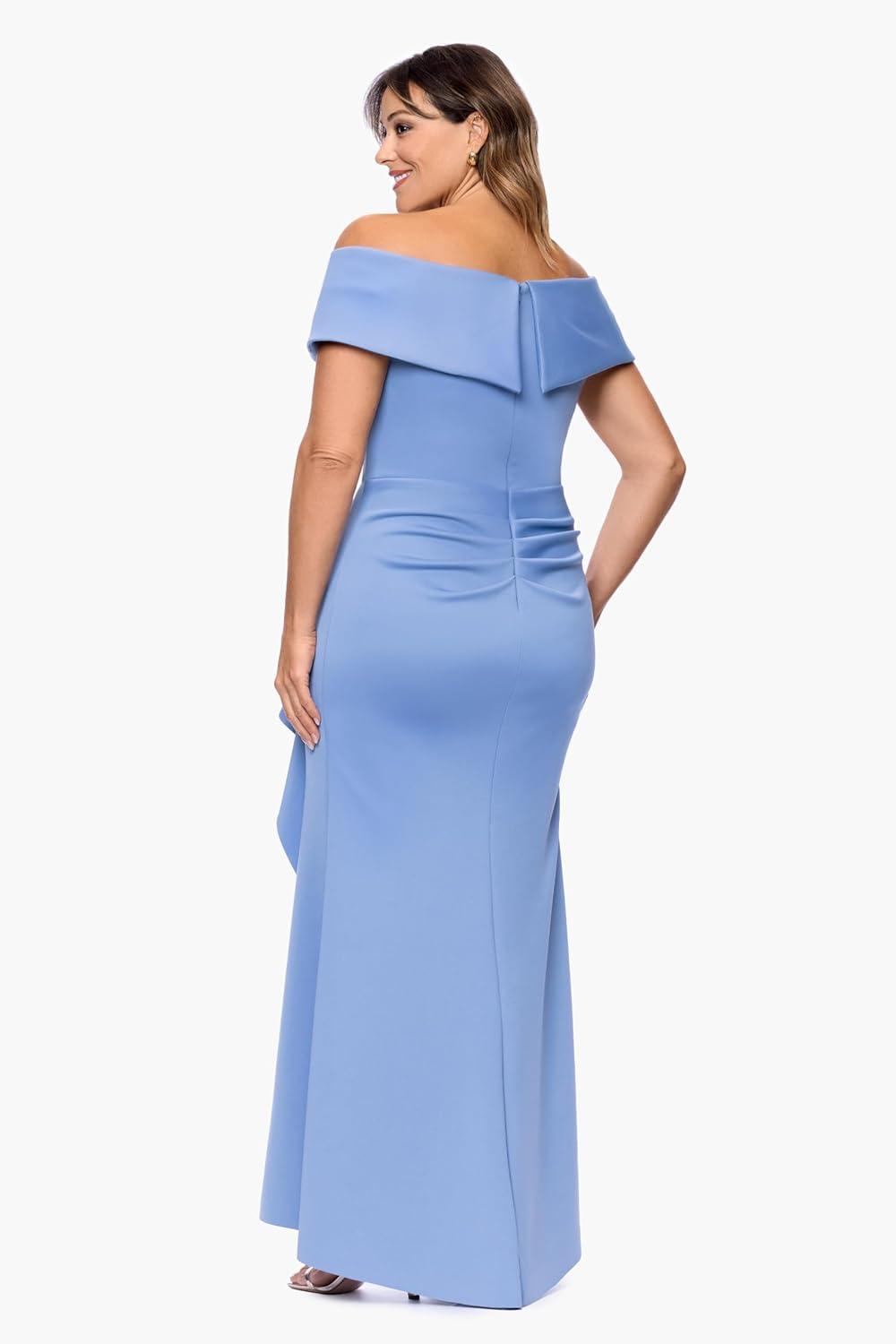image:imageXscape Womens Techno Scuba Off The Shoulder Short Sleeve Floor Length Dress PlusSlate