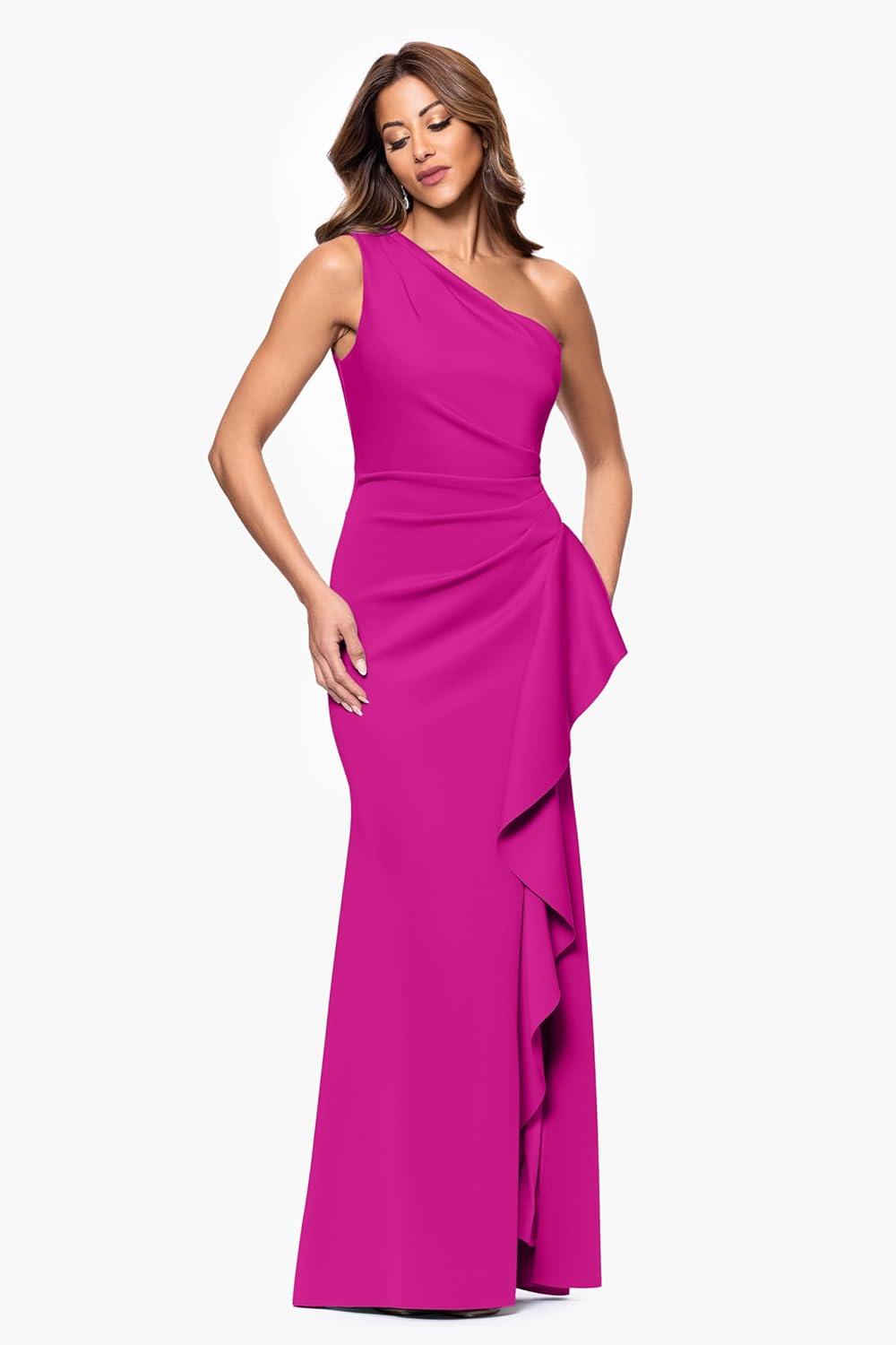 image:imageXscape Womens Techno Scuba One Shoulder Sleeveless Floor Length DressOrchid
