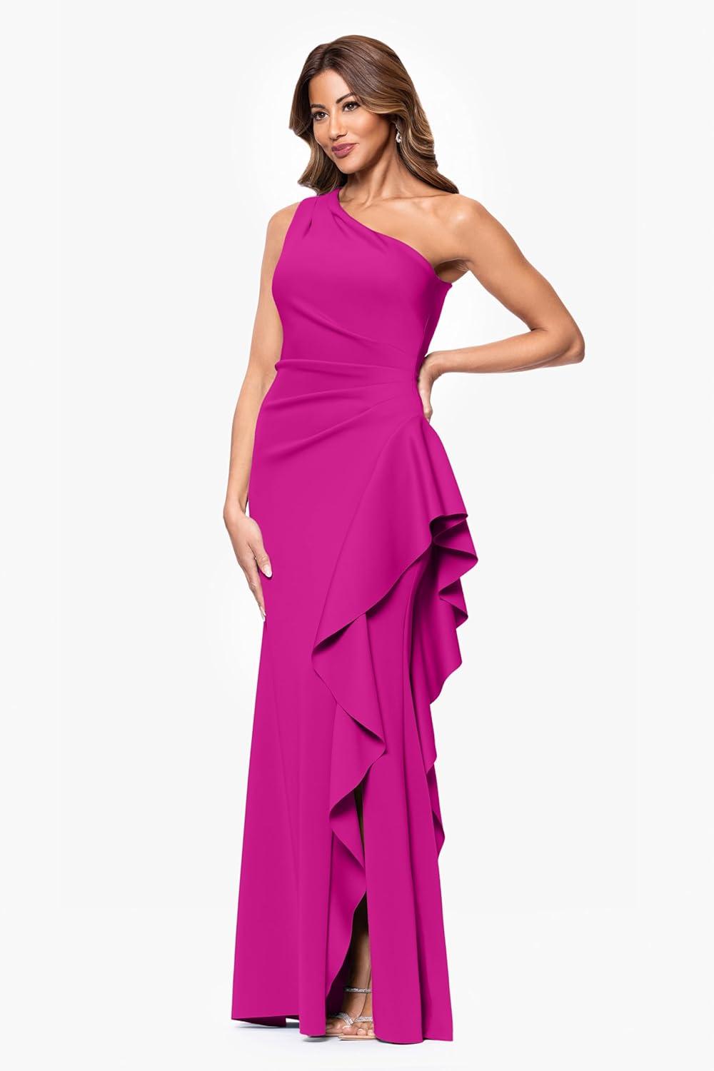 image:imageXscape Womens Techno Scuba One Shoulder Sleeveless Floor Length DressOrchid
