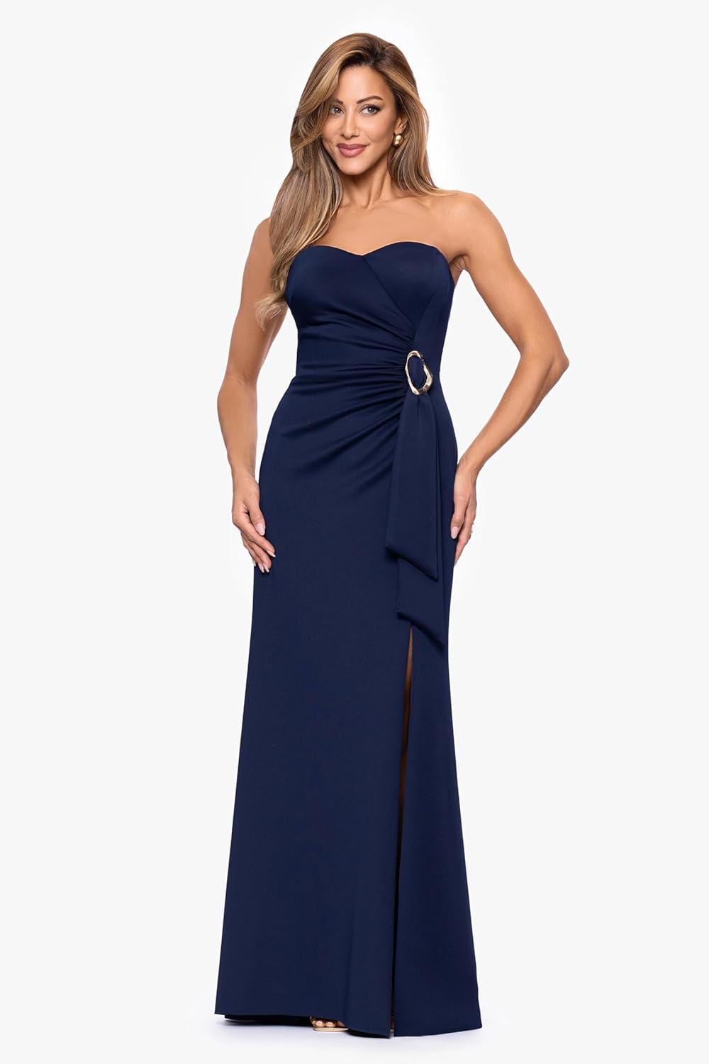 image:imageXscape Womens Techno Scuba Strapless Ruched Ring Embellished Detail Floor Length DressMidnight