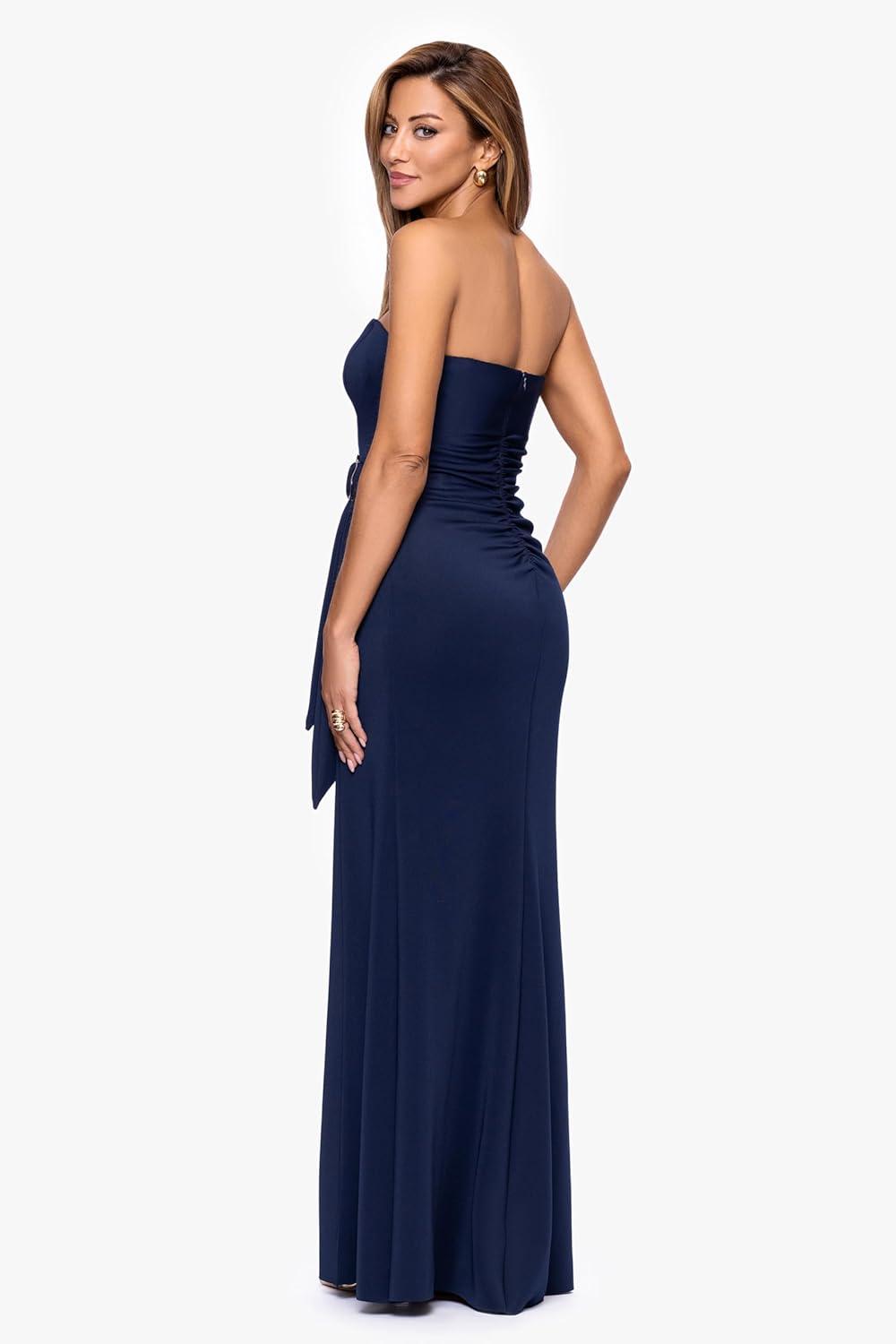 image:imageXscape Womens Techno Scuba Strapless Ruched Ring Embellished Detail Floor Length DressMidnight