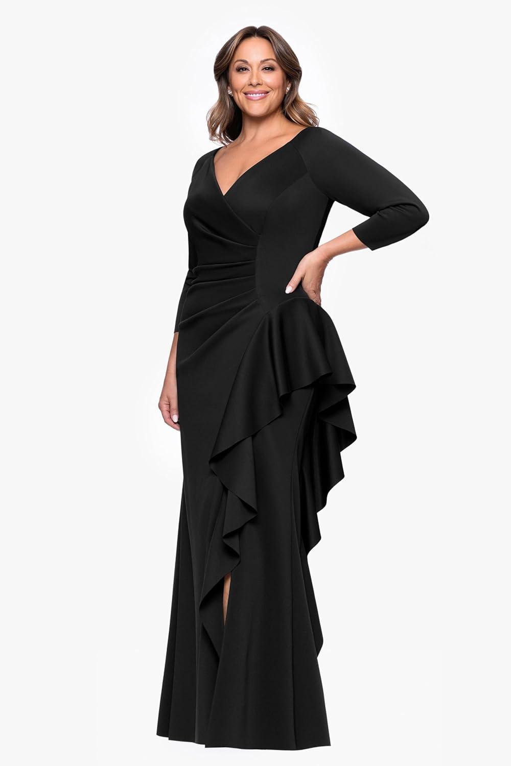 image:imageXscape Womens Techno Scuba VNeck Three Quarter Sleeve Floor Length Dress PlusBlack