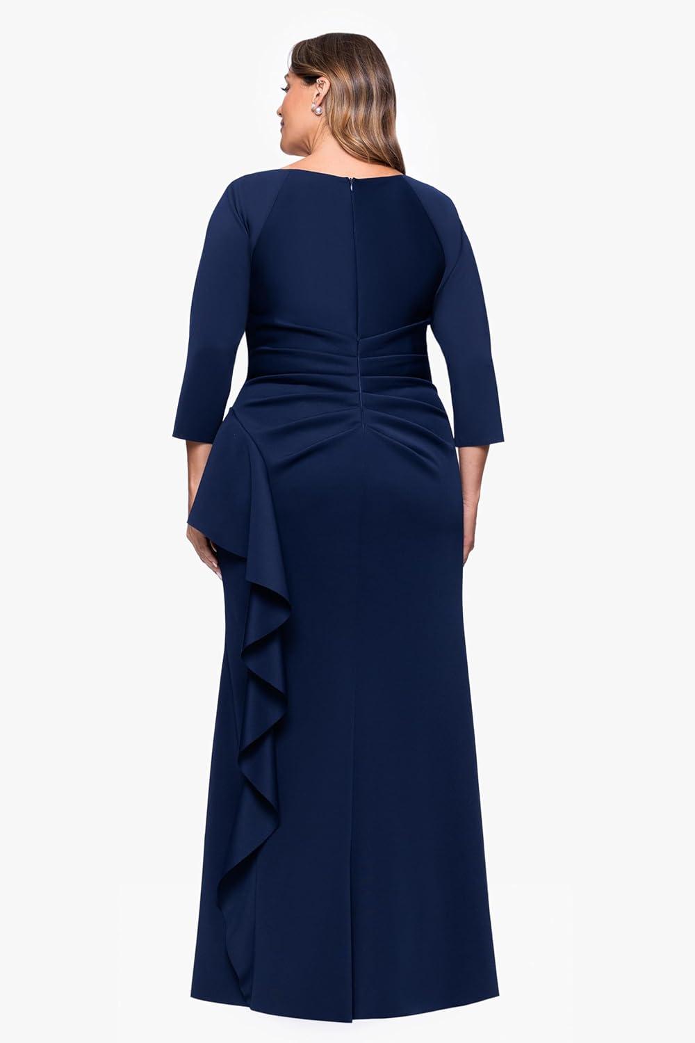image:imageXscape Womens Techno Scuba VNeck Three Quarter Sleeve Floor Length Dress PlusMidnight