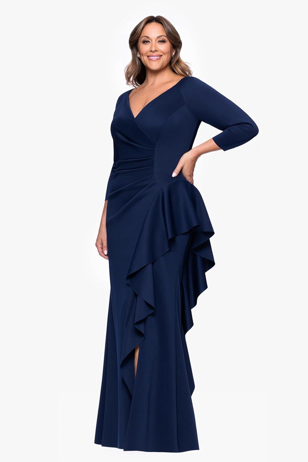 image:imageXscape Womens Techno Scuba VNeck Three Quarter Sleeve Floor Length Dress PlusMidnight