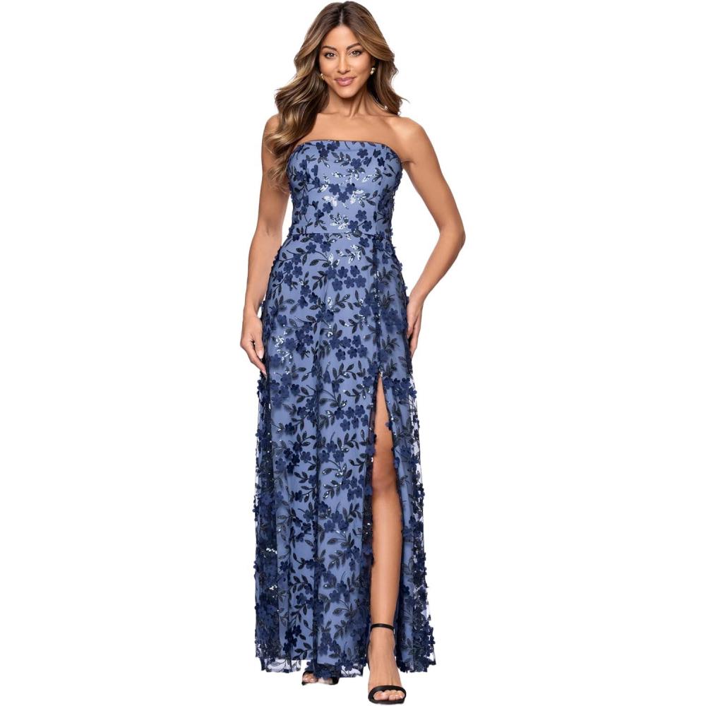 image:imageXscape Womens 3D Flowers Strapless Floor Length DressNavyBlue