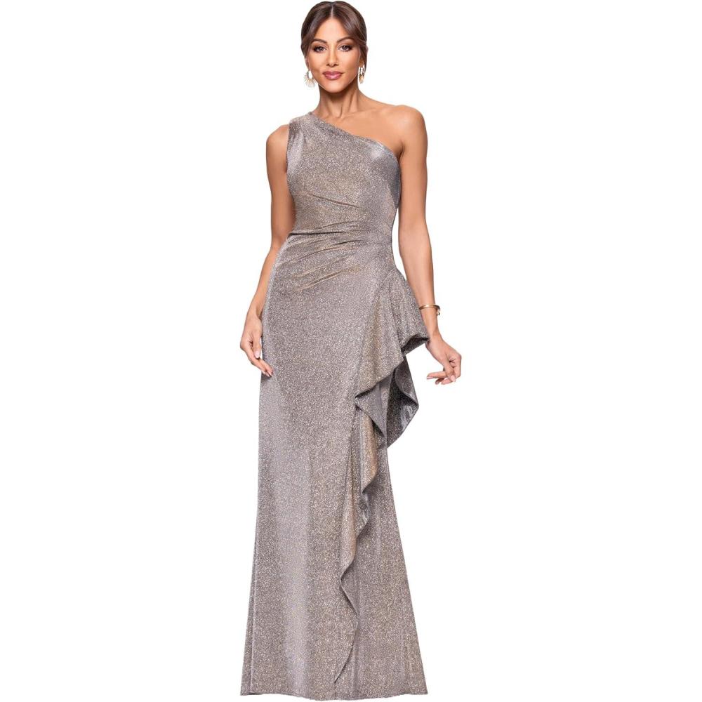 image:imageXscape Womens Glitter One Shoulder Ruffle Floor Length DressSand