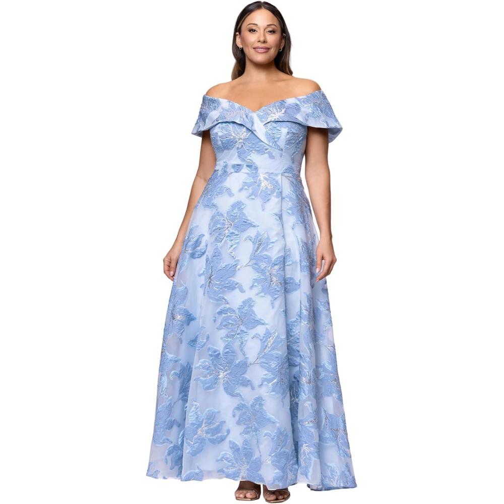 image:imageXscape Womens Jacquard Off The Shoulder Pleated Aline Floor Length Dress PlusBlueSilver