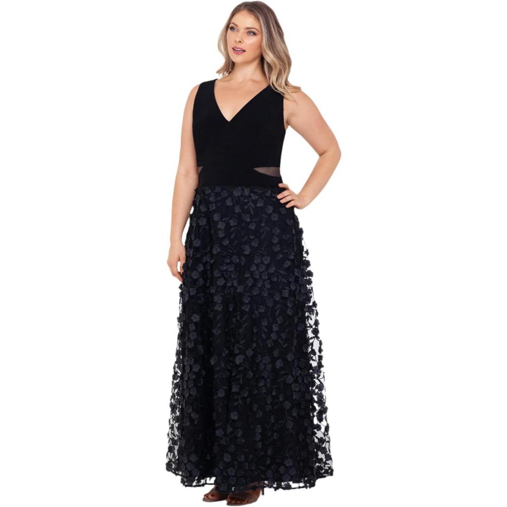 image:imageXscape Womens Jersey Knit Floral Skirt VNeck Floor Length Dress PlusBlack