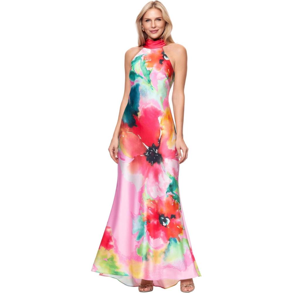 image:imageXscape Womens Print Satin Halter Neck Floor Length DressPinkRed