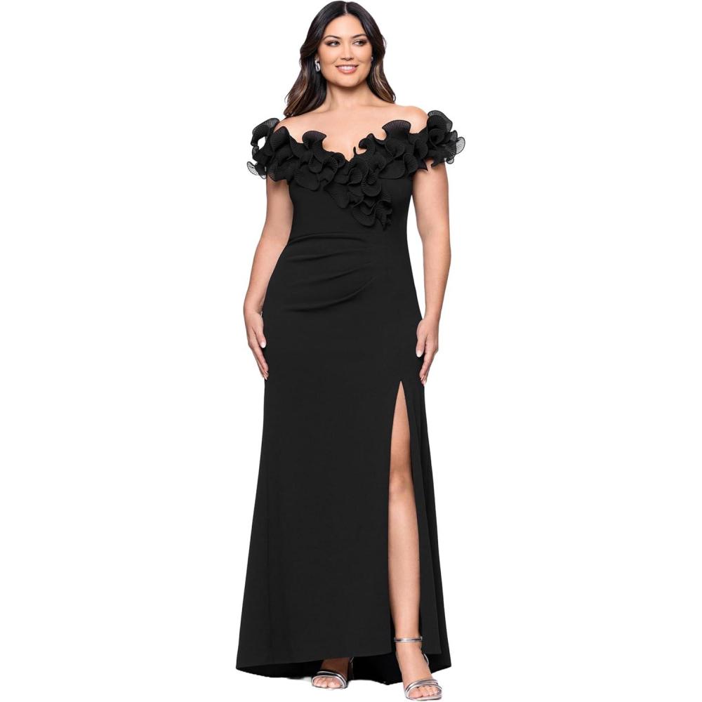 image:imageXscape Womens Scuba Crepe Off The Shoulder Short Sleeve Ruffle Floor Length Dress PlusBlack