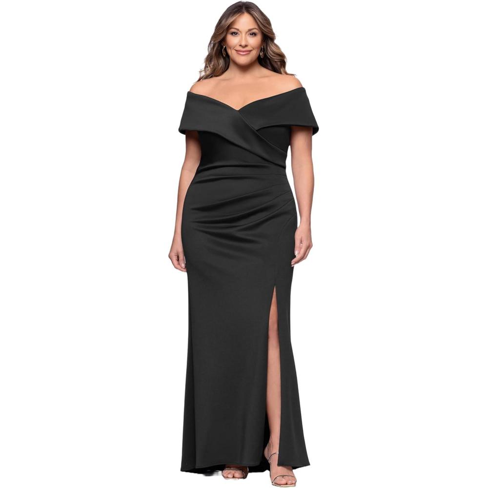 image:imageXscape Womens Scuba Off The Shoulder Ruched Slit Floor Length Dress PlusBlack