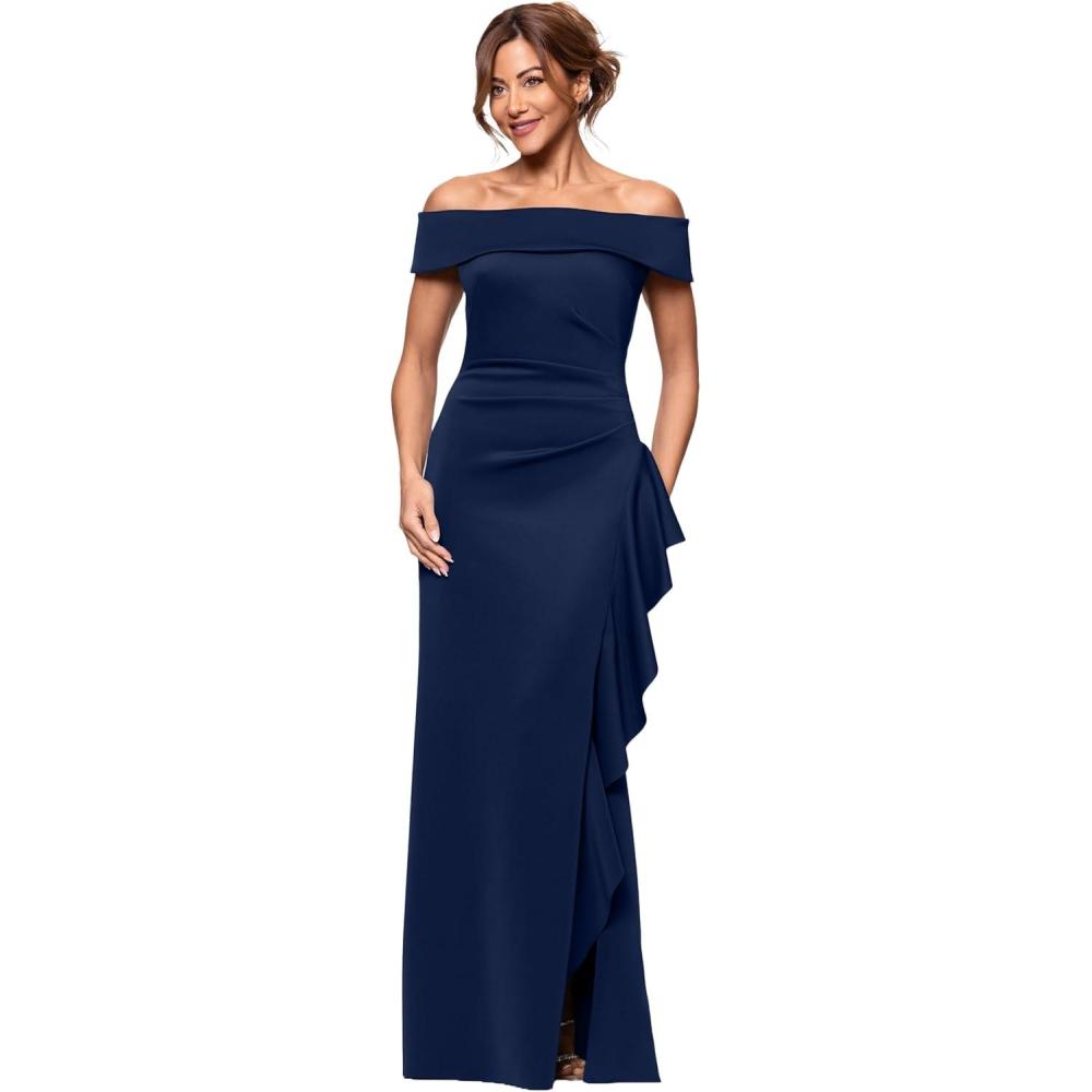 image:imageXscape Womens Scuba Off The Shoulder Ruffle Detail Floor Length Dress PetiteMidnight