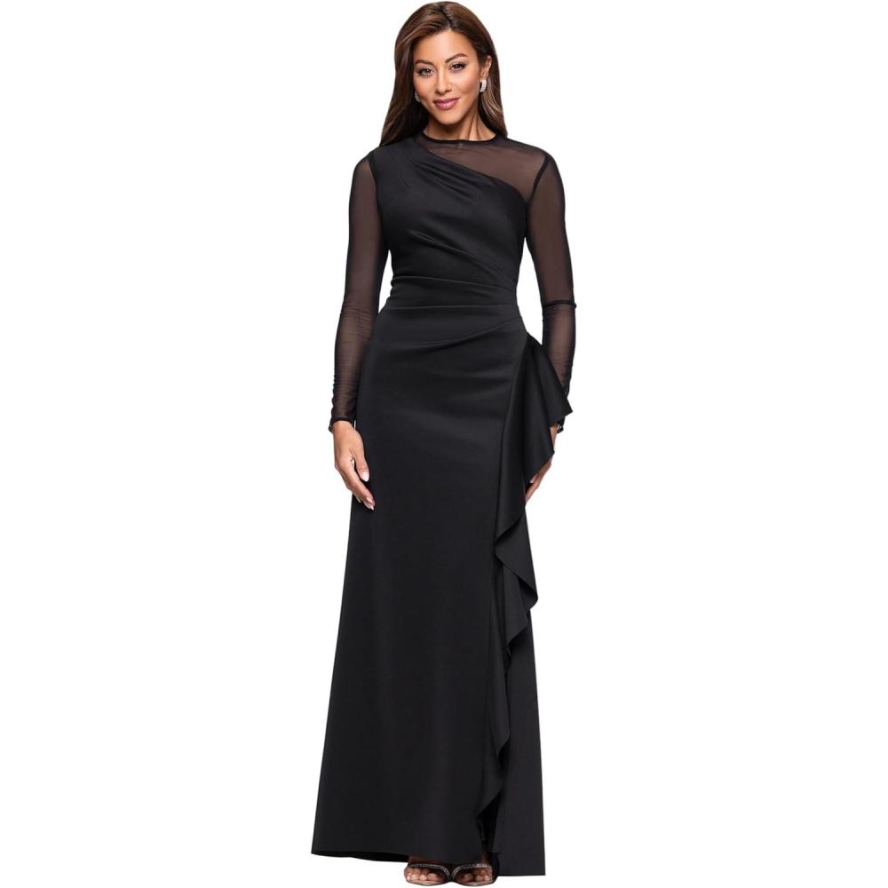 image:imageXscape Womens Techno Scuba Asymmetric Neck Mesh Sleeve Floor Length Dress PetiteBlack