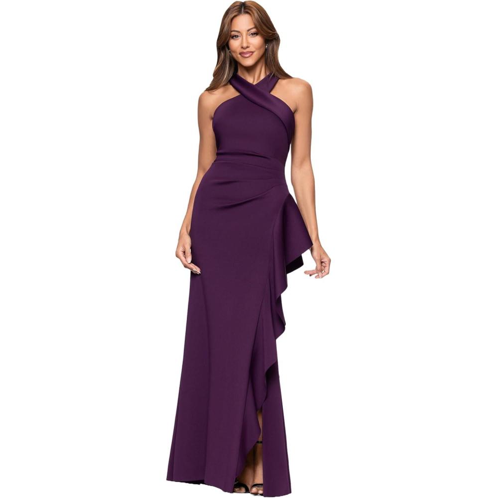 image:imageXscape Womens Techno Scuba Halter Floor Length Dress PetitePlum