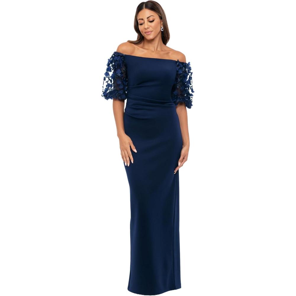 image:imageXscape Womens Techno Scuba Off The Shoulder Floral Short Sleeve Floor Length DressNavy