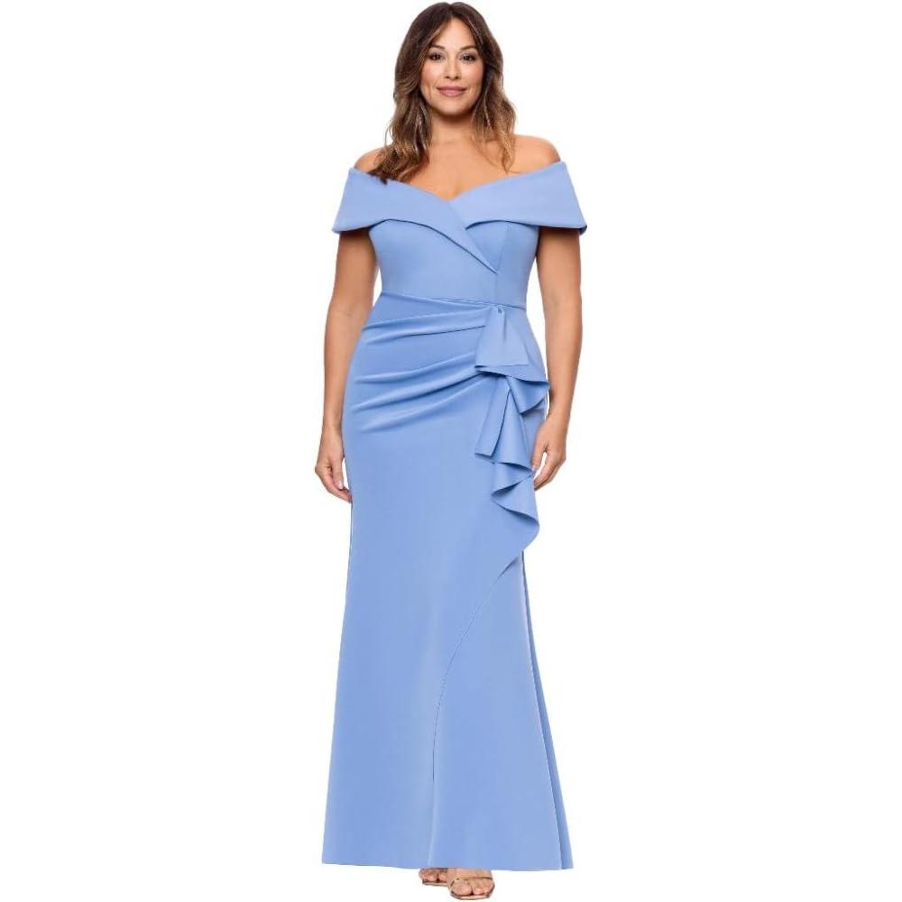image:imageXscape Womens Techno Scuba Off The Shoulder Short Sleeve Floor Length Dress PlusSlate