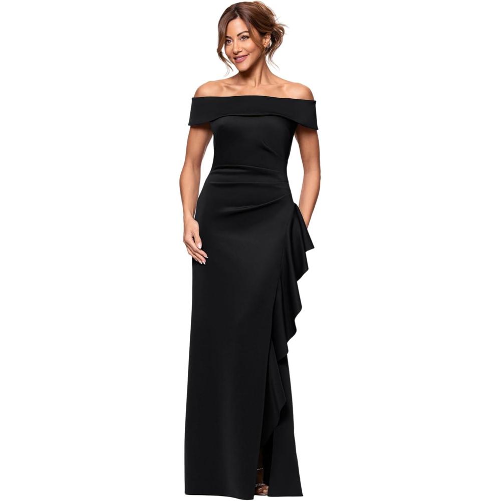image:imageXscape Womens Techno Scuba Off The Shoulder Sleeveless Floor Length Dress PetiteBlack