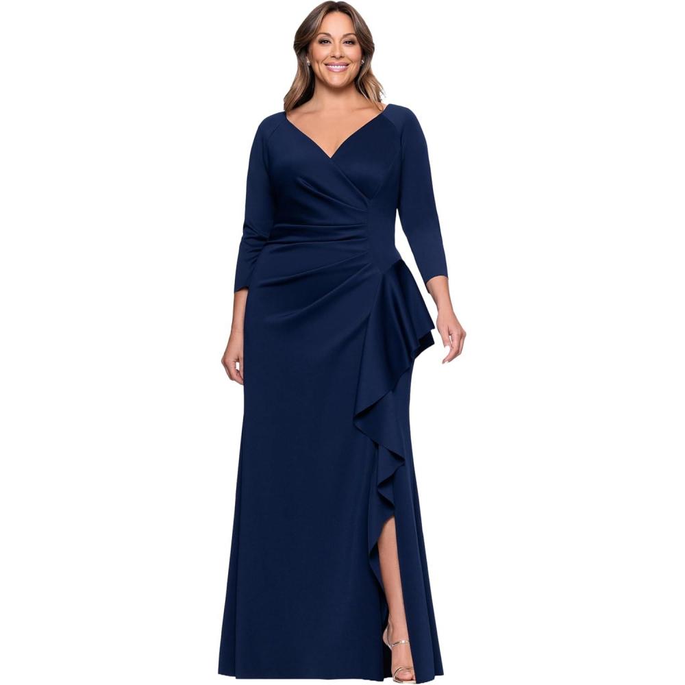 image:imageXscape Womens Techno Scuba VNeck Three Quarter Sleeve Floor Length Dress PlusMidnight