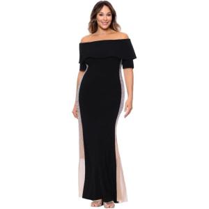 Xscape Womens Caviar Beaded Jersey Knit Off the Shoulder Short Sleeve Floor Length Dress (Plus)(Black/Nude/Silver)