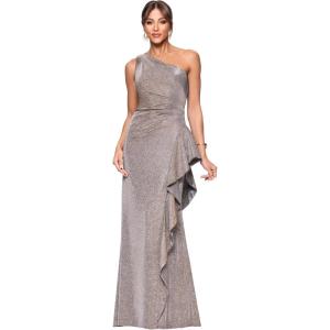 Xscape Women’s Glitter One Shoulder Ruffle Floor Length Dress(Sand)