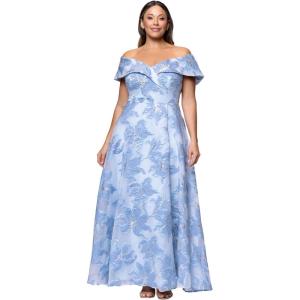 Xscape Womens Jacquard Off The Shoulder Pleated A-line Floor Length Dress Plus(Blue/Silver)