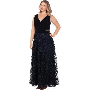 Xscape Womens Jersey Knit Floral Skirt V-Neck Floor Length Dress (Plus)(Black)