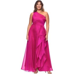 Xscape Womens Organza One Shoulder Ruffle Floor Length Dress (Plus)(Magenta)