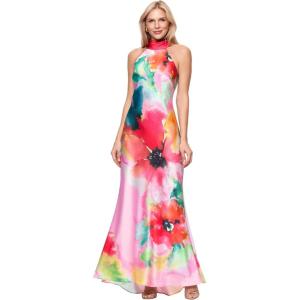 Xscape Womens Print Satin Halter Neck Floor Length Dress(Pink/Red)