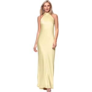 Xscape Womens Satin Mock Neck Halter Floor Length Dress (Petite)(Butter)