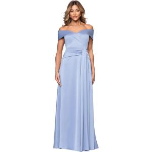 Xscape Women’s Satin Off The Shoulder Floor Length Dress (Petite)(Periwinkle)
