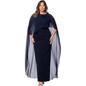 Xscape Womens Scuba Crepe Bateau Neck Short Sleeve Floor Length Dress (Plus)(Navy)