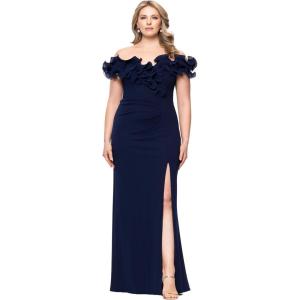 Xscape Women’s Scuba Crepe Off The Shoulder Short Sleeve Ruffle Floor Length Dress (Plus)(Navy)