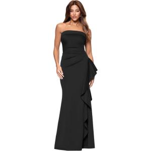 Xscape Womens Scuba Crepe Strapless Ruffle Slit Floor Length Dress (Petite)(Black)