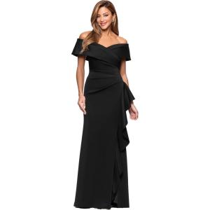 Xscape Women’s Scuba Off The Shoulder Draped Ruffle Floor Length Dress (Petite)(Black)