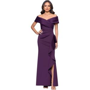 Xscape Women’s Scuba Off The Shoulder Draped Ruffle Floor Length Dress (Petite)(Plum)