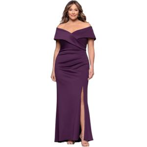 Xscape Women’s Scuba Off The Shoulder Ruched Slit Floor Length Dress (Plus)(Plum)