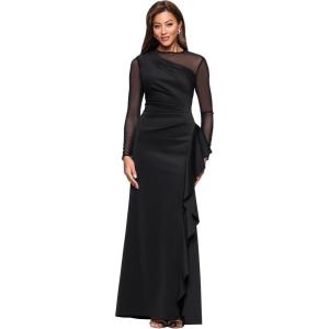 Xscape Women’s Techno Scuba Asymmetric Neck Mesh Sleeve Floor Length Dress (Petite)(Black)