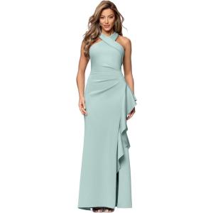 Xscape Women’s Techno Scuba Halter Floor Length Dress (Petite)(Sage)