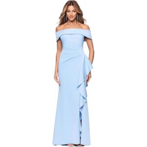 Xscape Women’s Techno Scuba Off The Shoulder Floor Length Dress(Light Blue)