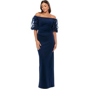 Xscape Women’s Techno Scuba Off The Shoulder Floral Short Sleeve Floor Length Dress(Navy)