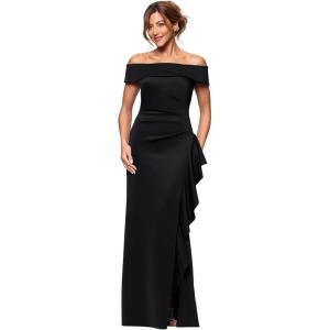 Xscape Women’s Techno Scuba Off The Shoulder Sleeveless Floor Length Dress (Petite)(Black)