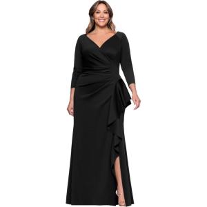 Xscape Women’s Techno Scuba V-Neck Three Quarter Sleeve Floor Length Dress (Plus)(Black)