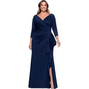 Xscape Women’s Techno Scuba V-Neck Three Quarter Sleeve Floor Length Dress (Plus)(Midnight)