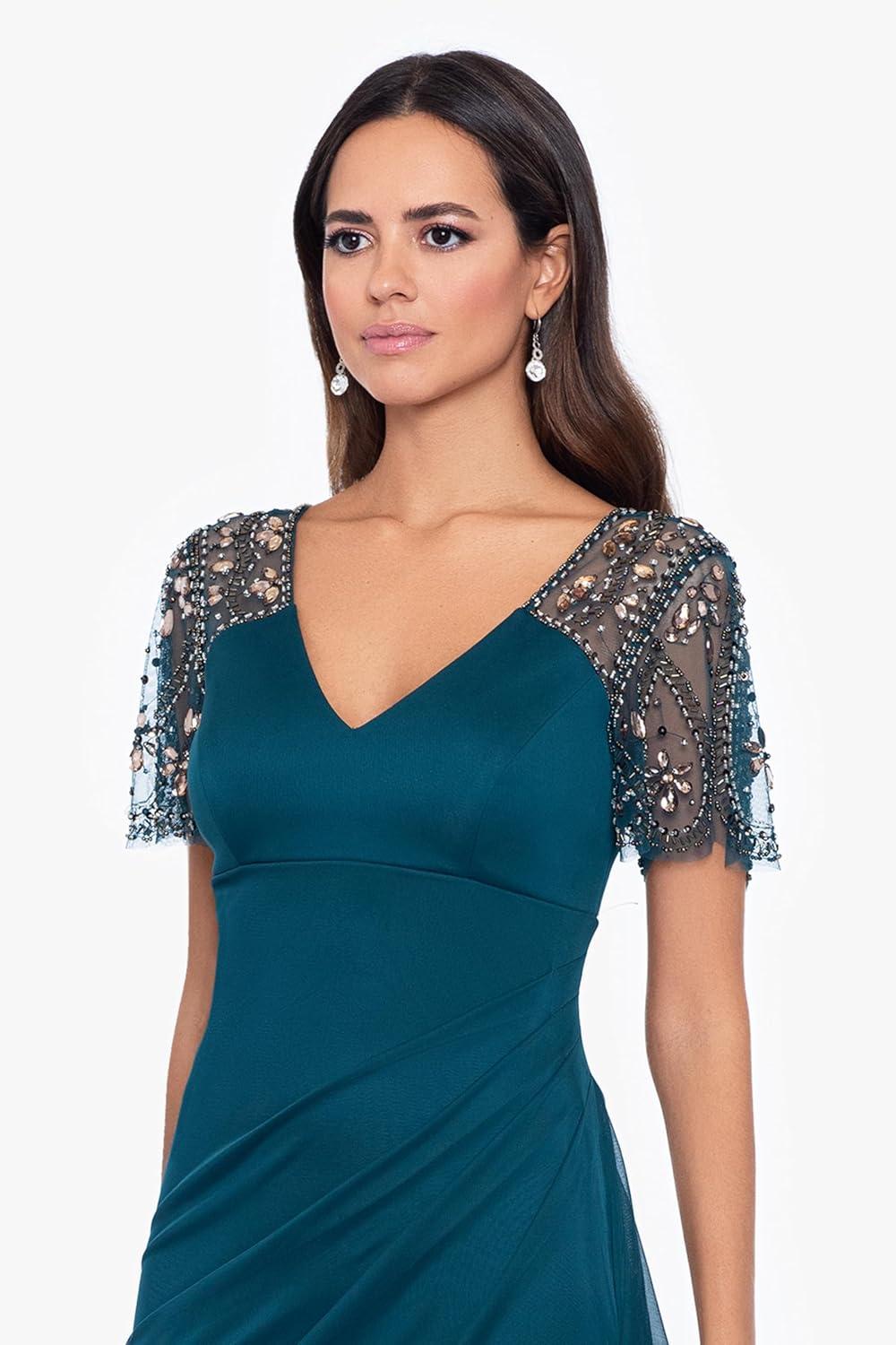 image:imageXscape Female Long Sheer Matte Jersey Beaded Flutter SleeveEmerald Green