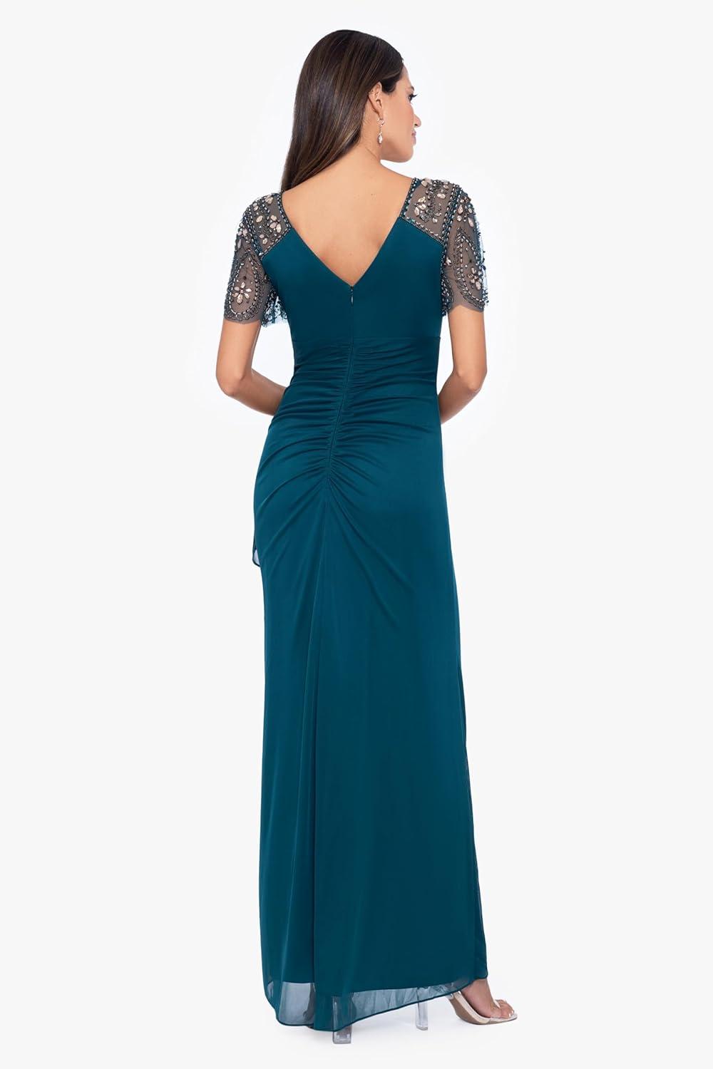 image:imageXscape Female Long Sheer Matte Jersey Beaded Flutter SleeveEmerald Green