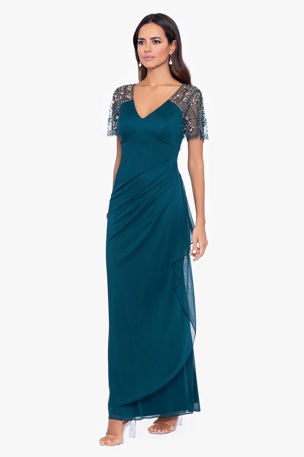 image:imageXscape Female Long Sheer Matte Jersey Beaded Flutter SleeveEmerald Green